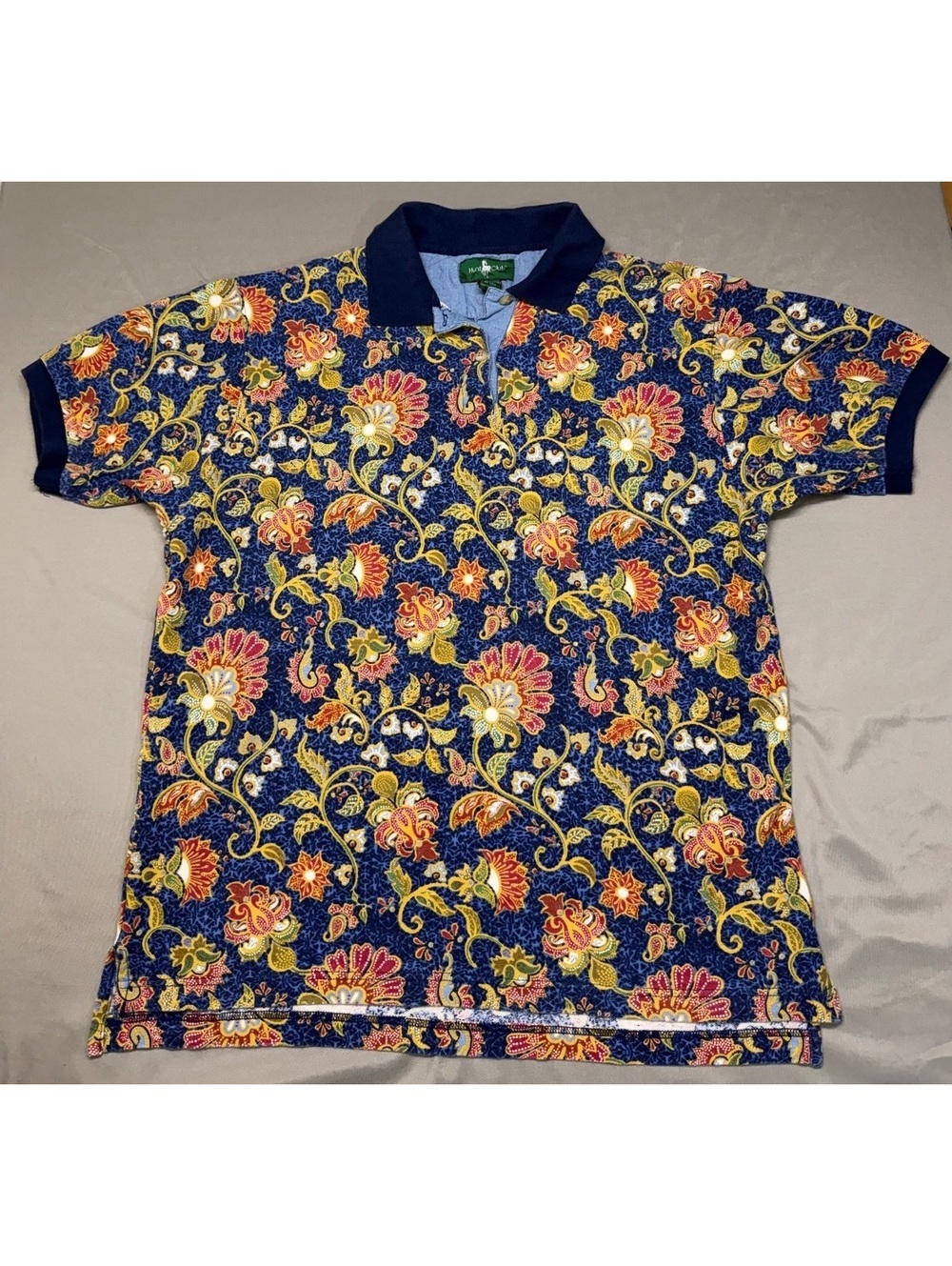 Hunt Club Men's Large Floral Pattern Cotton Polo Shirt Made in Philippines
